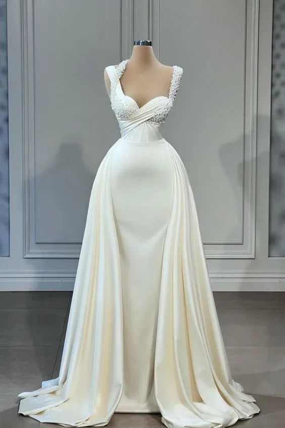 Luxury Mermaid Sweetheart Beaded Spaghetti Strap Detachable Over Skirt Floor-Length Satin Wedding Dress
