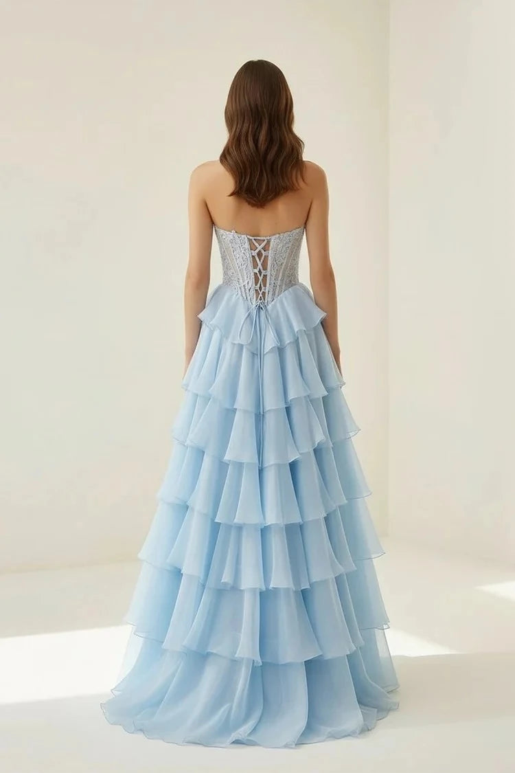 Ethereal Mermaid Sweetheart Strapless Lace-Up-Back Ruffled-Hem Floor-Length Prom Dress