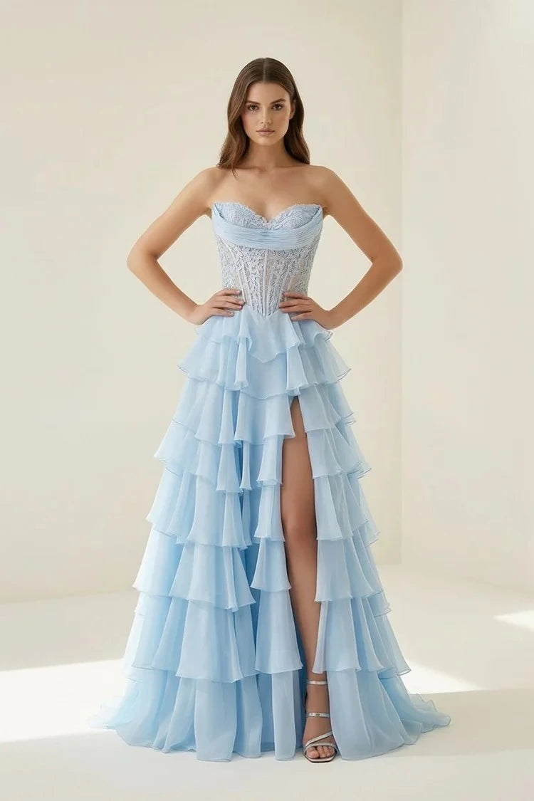 Ethereal Mermaid Sweetheart Strapless Lace-Up-Back Ruffled-Hem Floor-Length Prom Dress
