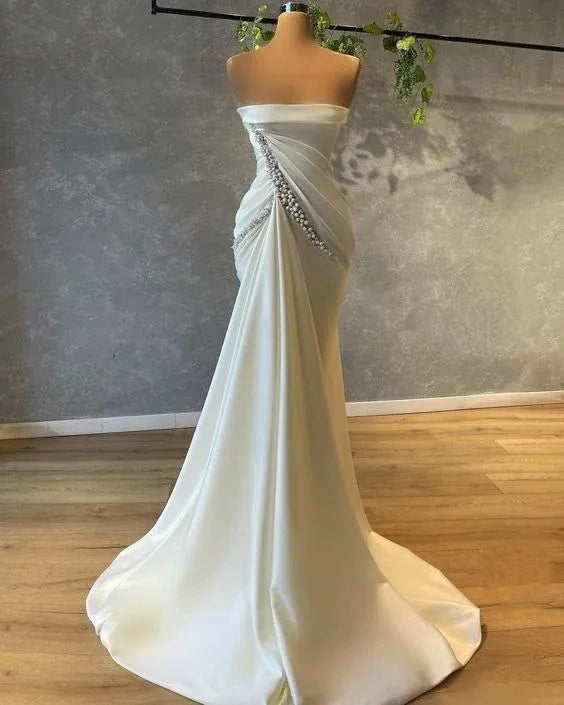 Luxury Strapless Draped‑Beaded Mermaid Floor‑Length Prom Dress