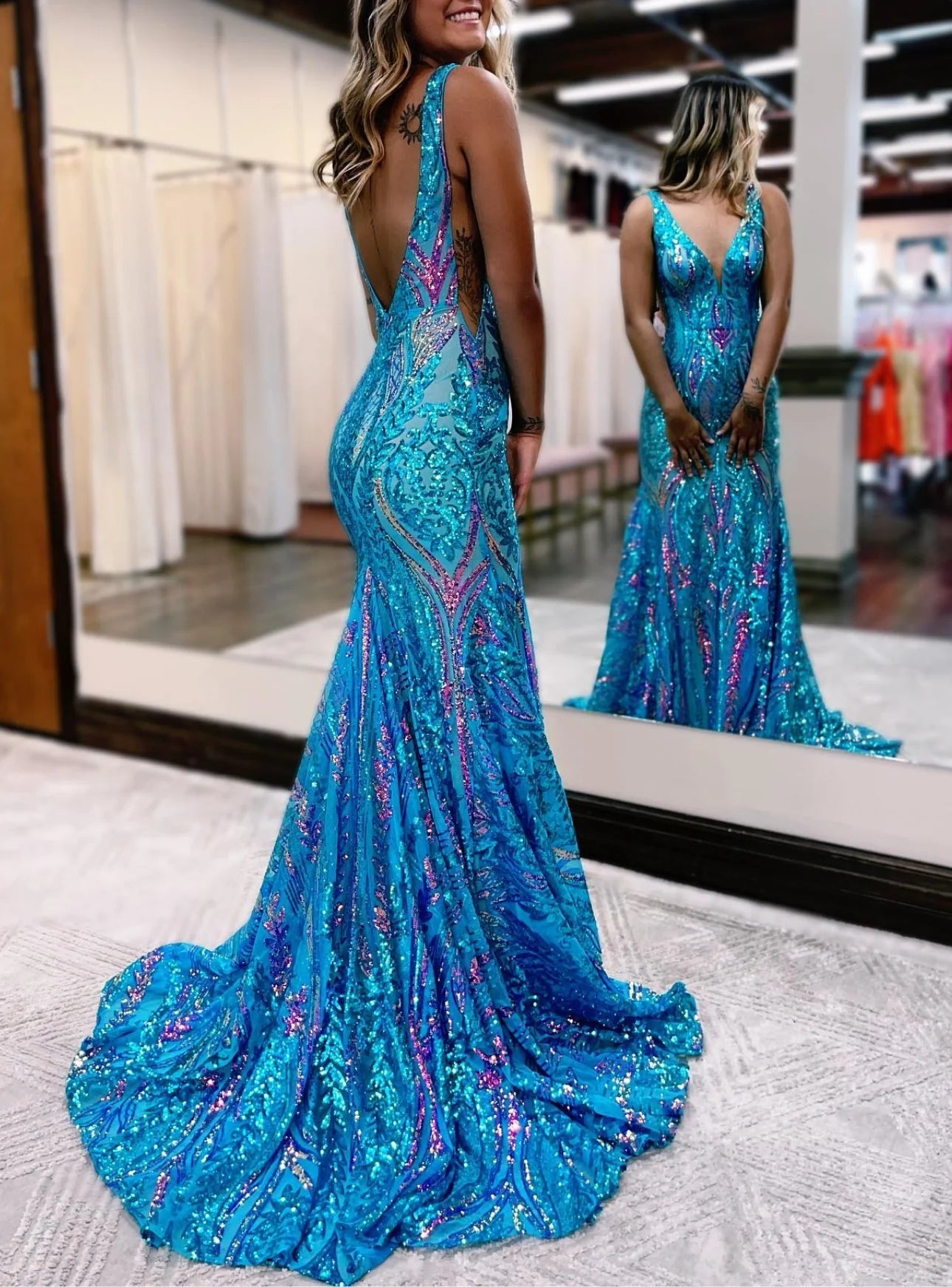 Wholesa Mermaid V-Neck Sleeveless Floor-Length Long Prom Floral Dresses With Sequins