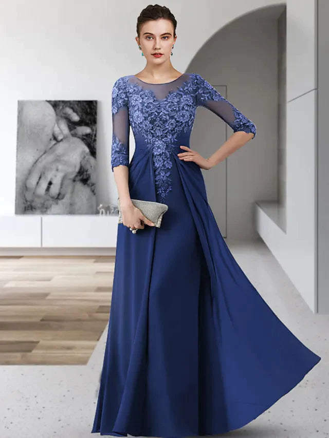 Wholesa Mother of the Bride Dress Elegant Jewel Neck Floor Length Chiffon Lace 3/4 Length Sleeve with Appliques Ruching