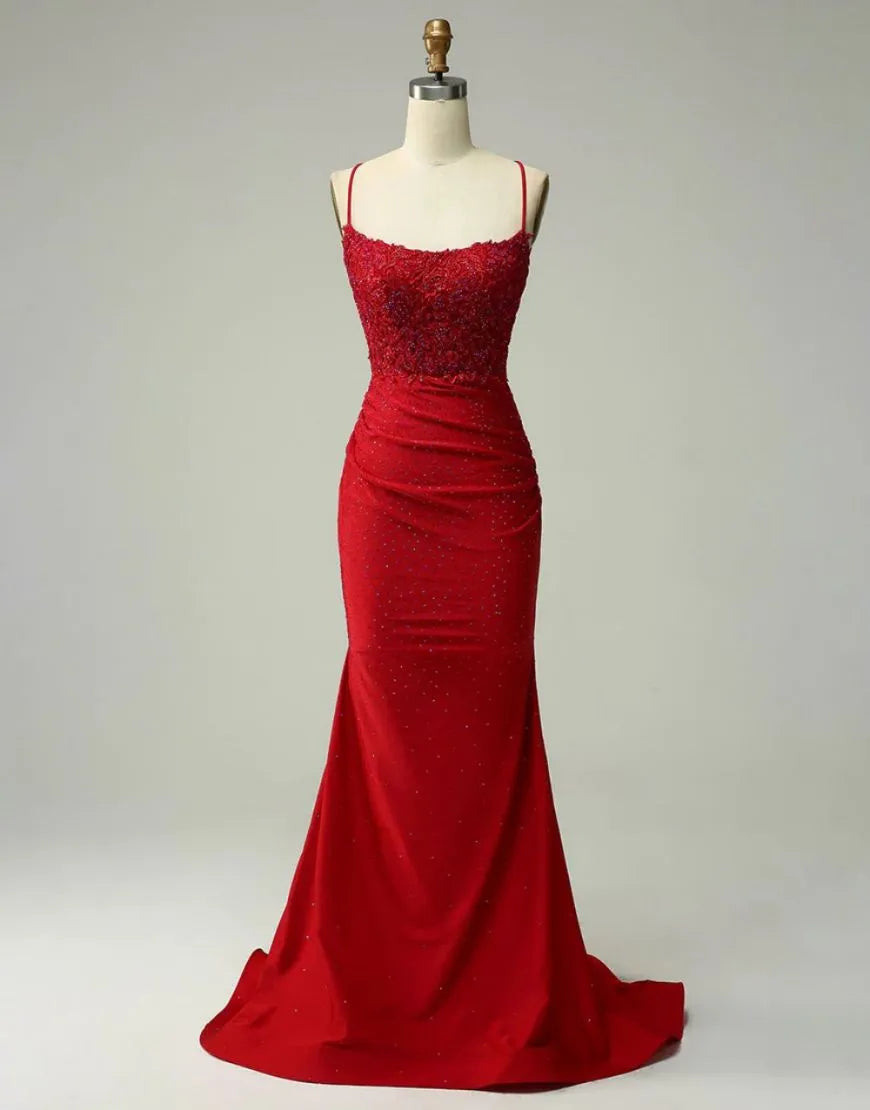 Wholesa Mermaid Satin Spaghetti Straps Prom Dress