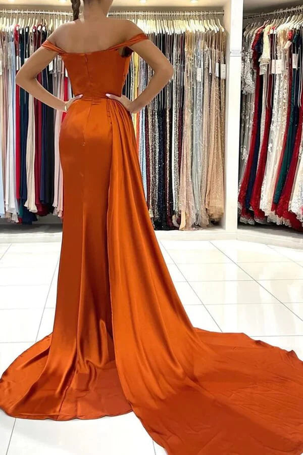 Wholesa Mermaid Satin Off-the-Shoulder Prom Dresses With Train