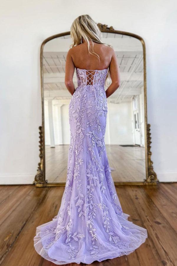 Wholesa Mermaid Neck Sweetheart Lace Purple Long Prom Dress Formal Dress