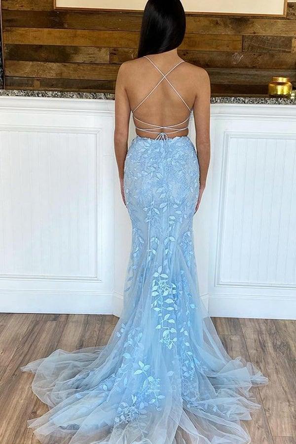 Wholesa Two Piece Mermaid Scoop Neck Light Blue Lace Prom Dresses