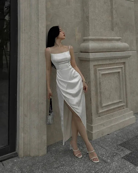 Minimal Square Neck Thin Strap Ruched High Slit Gloss Satin Midi Evening Dress