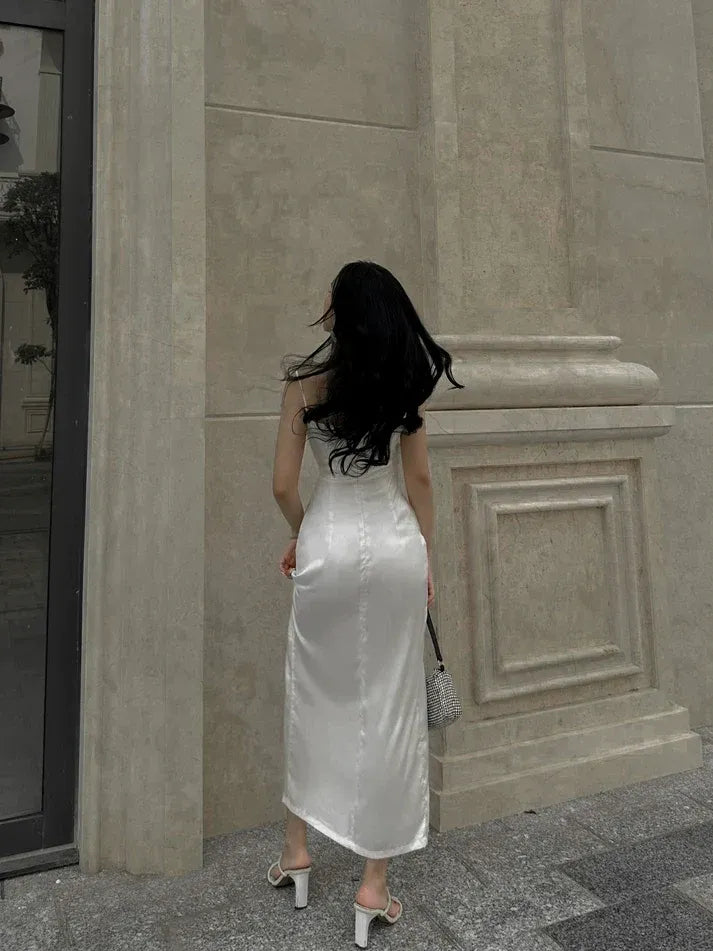 Minimal Square Neck Thin Strap Ruched High Slit Gloss Satin Midi Evening Dress