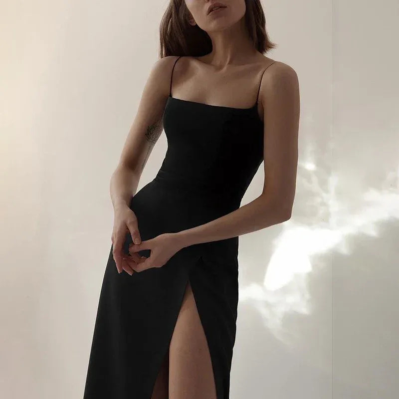 Minimal Straight Square Neck Thin Strap High Slit Matte Maxi Evening Dress
