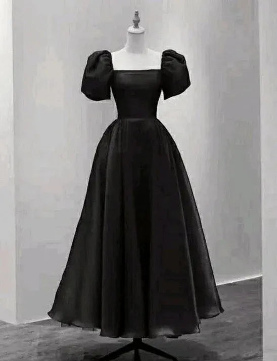 Minimalist A-Line Square Neck Puff Short Sleeve Midi Tulle Formal Evening Dress