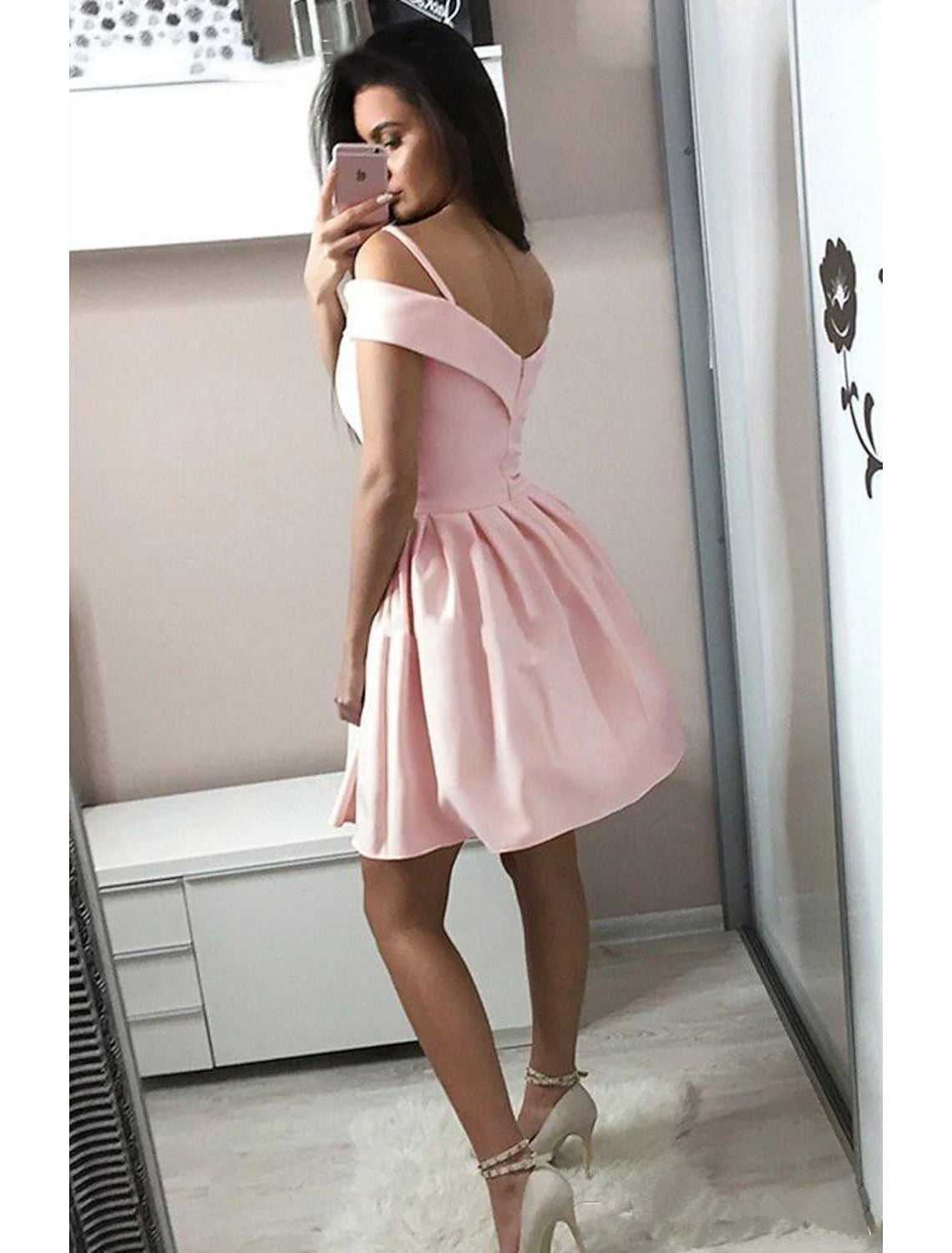 Minimalist A-Line V-Neck Pleated Pink Knee-Length Cocktail Homecoming Dress.