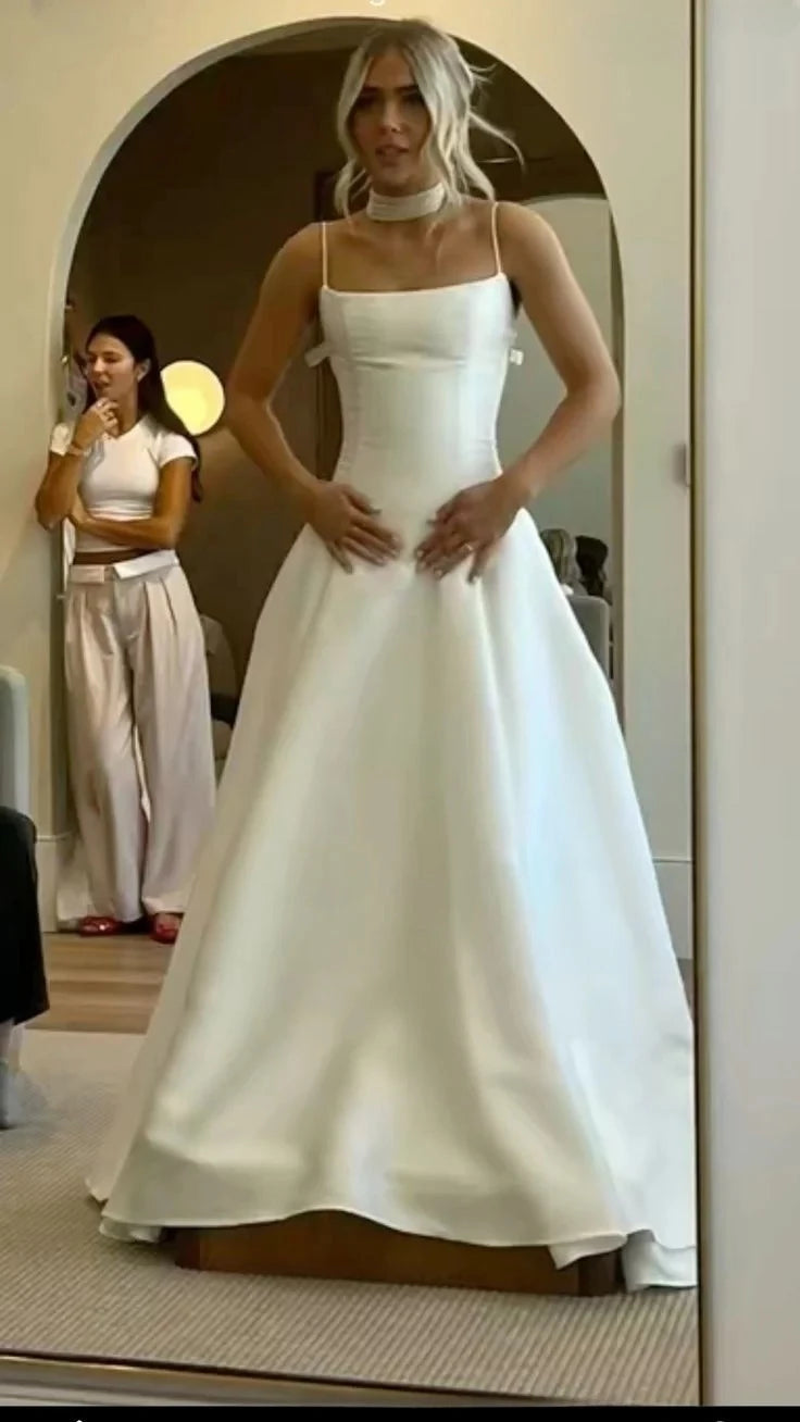 Minimalist Ball-Gown Square Neck Spaghetti-Strap Open Back Satin Floor-Length Evening Dress