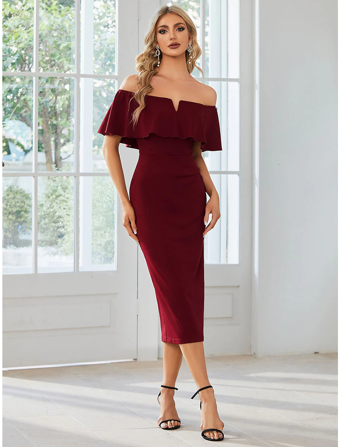 Minimalist Sheath Off-Shoulder Short Sleeve Tea Length Wedding Guest Dress with Slit.