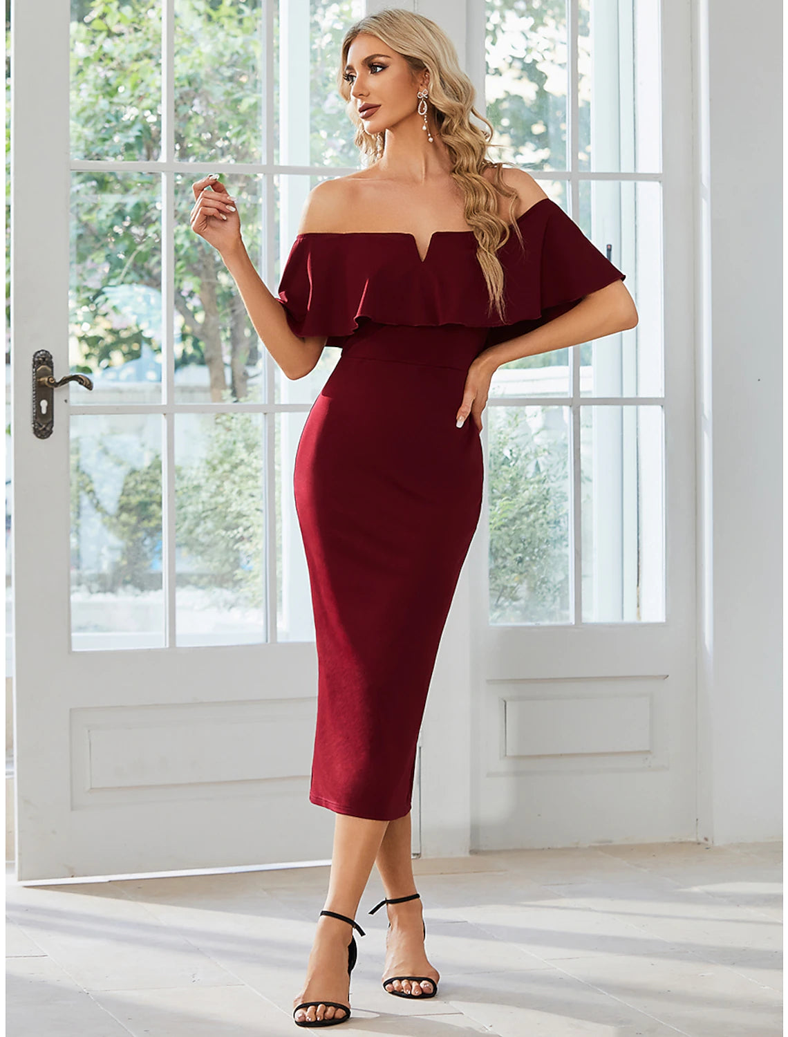 Minimalist Sheath Off-Shoulder Short Sleeve Tea Length Wedding Guest Dress with Slit.