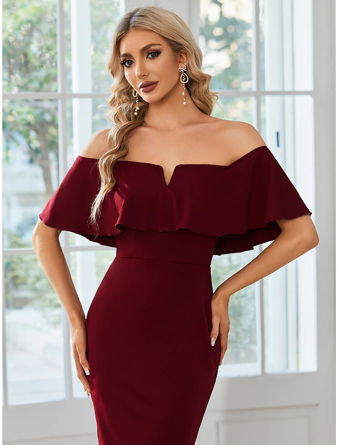 Minimalist Sheath Off-Shoulder Short Sleeve Tea Length Wedding Guest Dress with Slit.