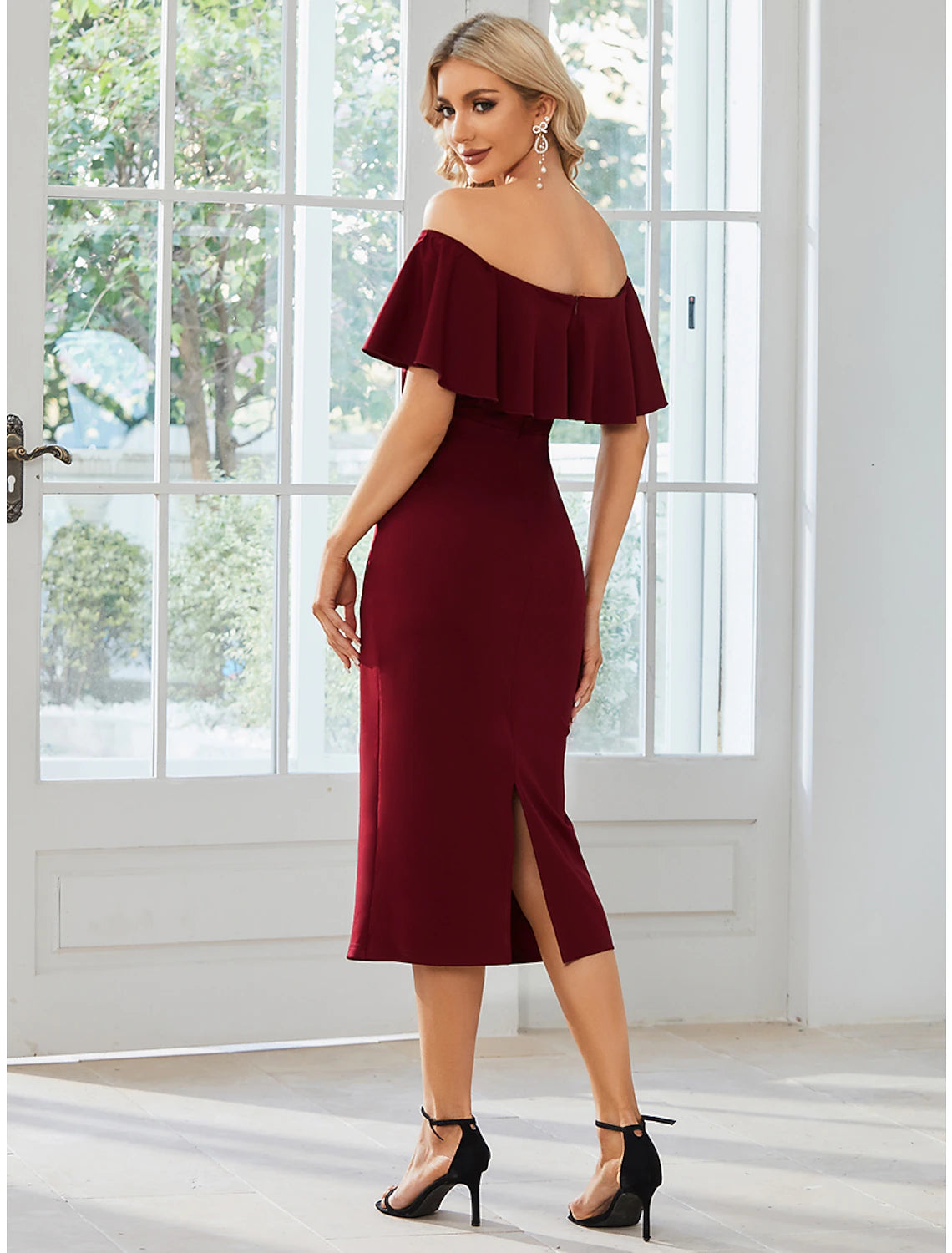Minimalist Sheath Off-Shoulder Short Sleeve Tea Length Wedding Guest Dress with Slit.