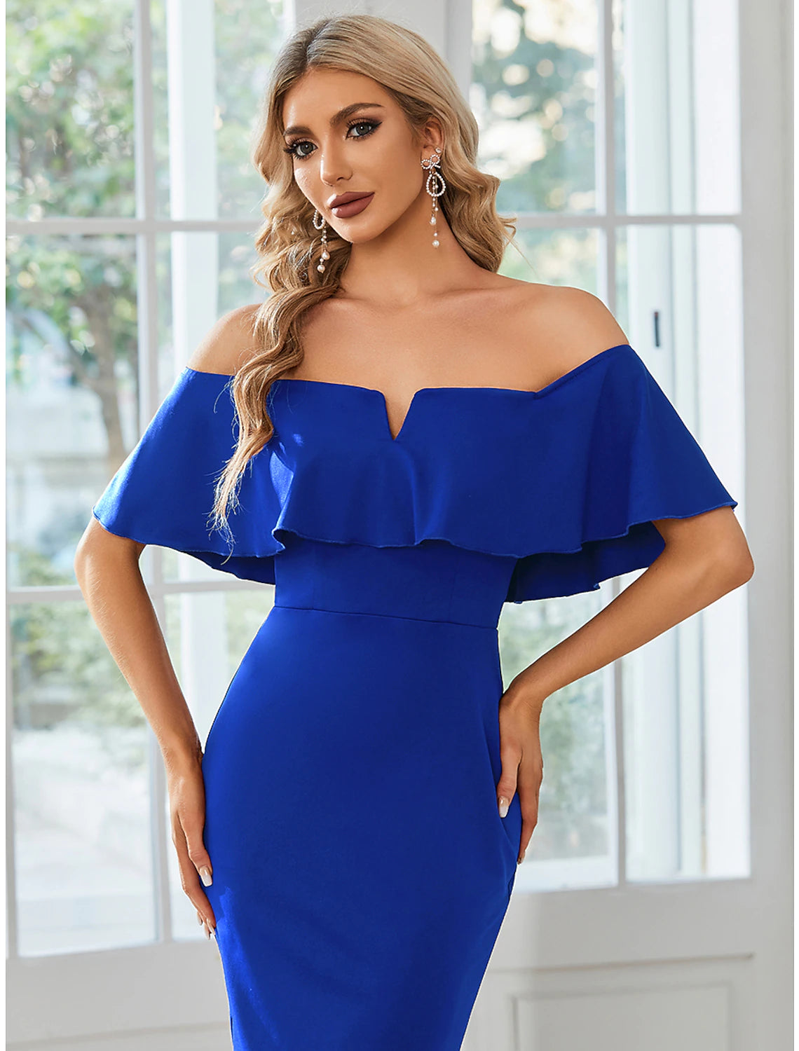 Minimalist Sheath Off-Shoulder Short Sleeve Tea Length Wedding Guest Dress with Slit.