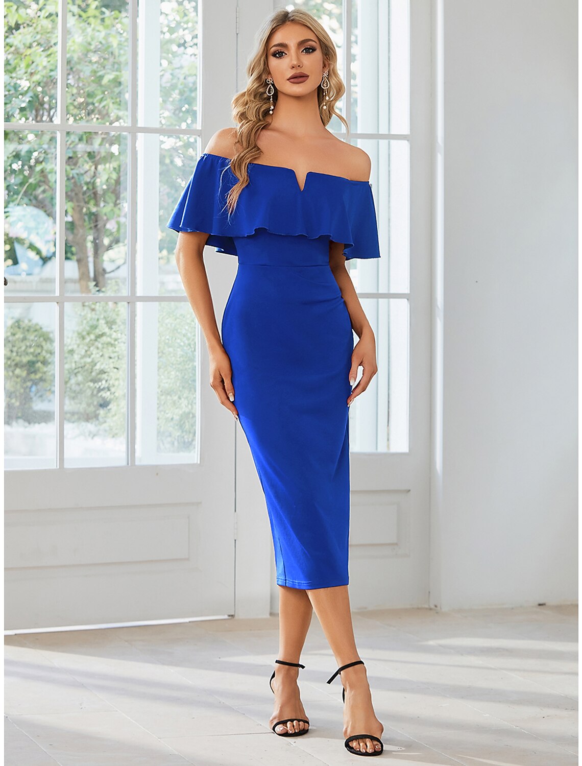 Minimalist Sheath Off-Shoulder Short Sleeve Tea Length Wedding Guest Dress with Slit.