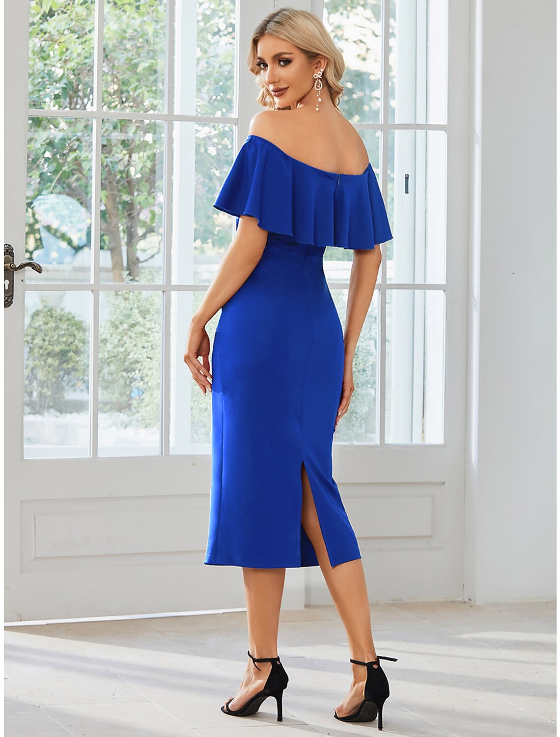 Minimalist Sheath Off-Shoulder Short Sleeve Tea Length Wedding Guest Dress with Slit.