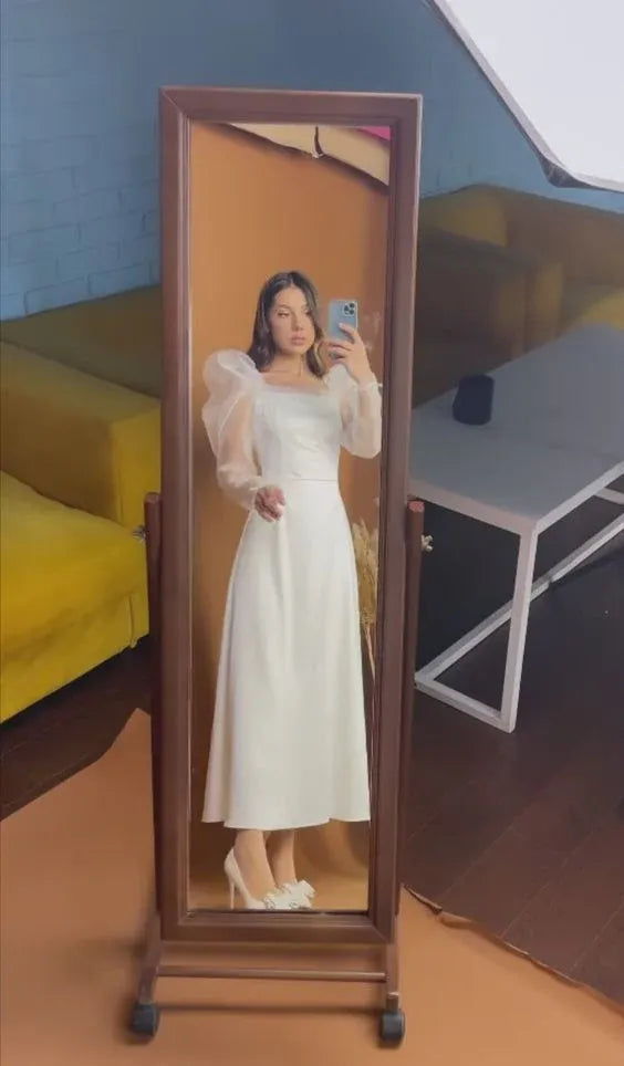 Minimalist Square Neck Sheer Puff Long Sleeve Solid Satin Midi Evening Dress