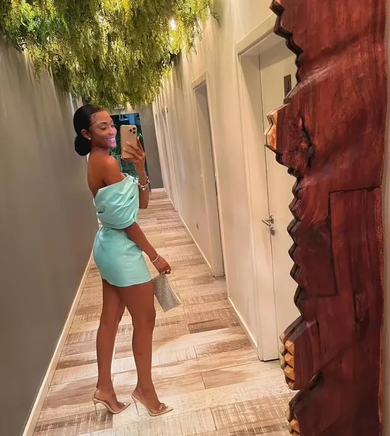 Mint Off Shoulder Bow Rhinestone Bodycon Mini Party Dress