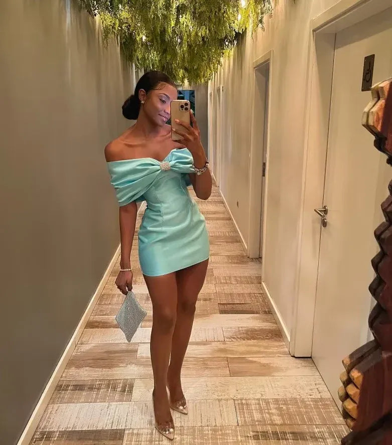 Mint Off Shoulder Bow Rhinestone Bodycon Mini Party Dress