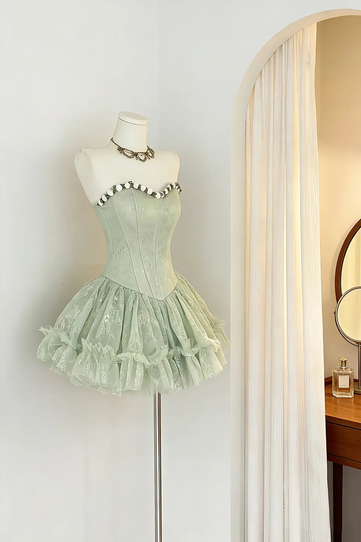 Mint Strapless Floral Trim Corset Tiered Tulle Homecoming Dress