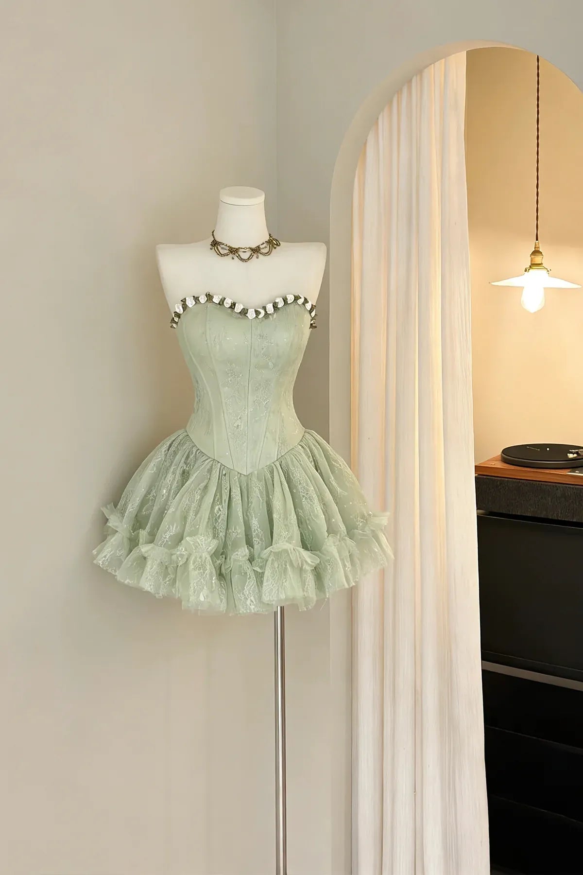 Mint Strapless Floral Trim Corset Tiered Tulle Homecoming Dress