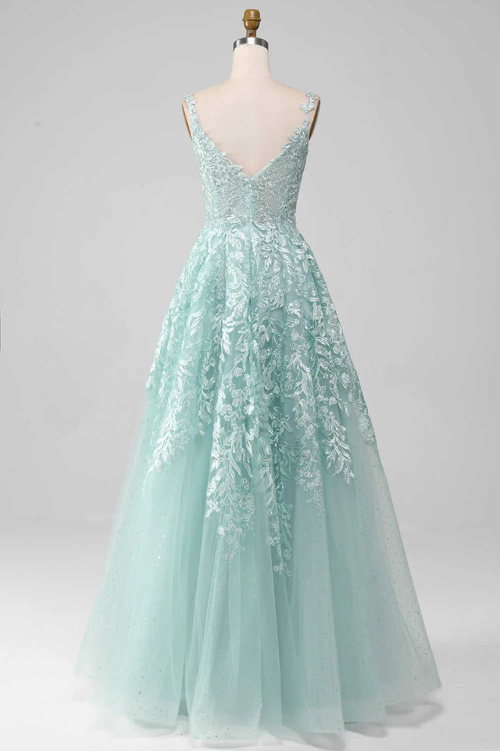 Wholesa A-Line Glitter Mint Tulle Long Prom Dress with Lace