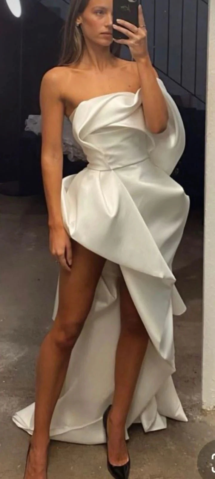 Modern Asymmetrical Strapless Draped Sleeve Open Back High Slit Train Length Evening Dress