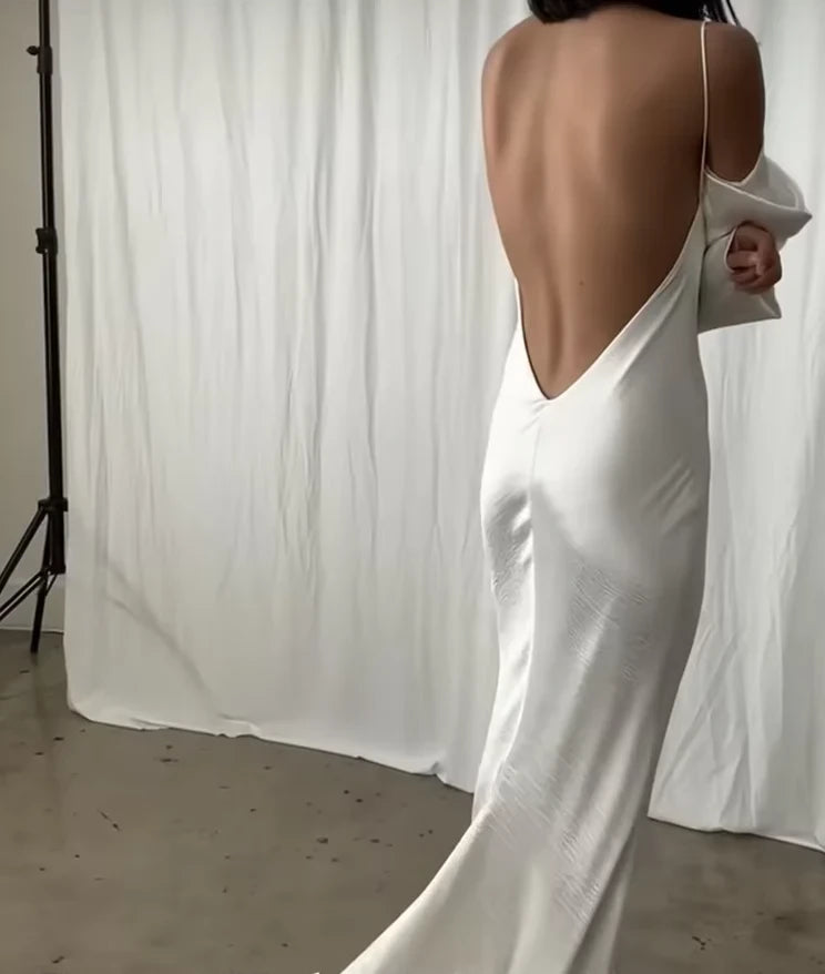 Modern Sheath Cowl Neck Off-The-Shoulder Low-Back Satin Train Evening Dress