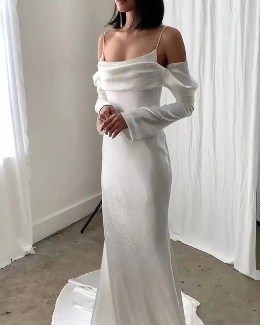 Modern Sheath Cowl Neck Off-The-Shoulder Low-Back Satin Train Evening Dress
