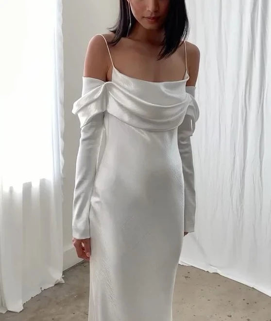 Modern Sheath Cowl Neck Off-The-Shoulder Low-Back Satin Train Evening Dress