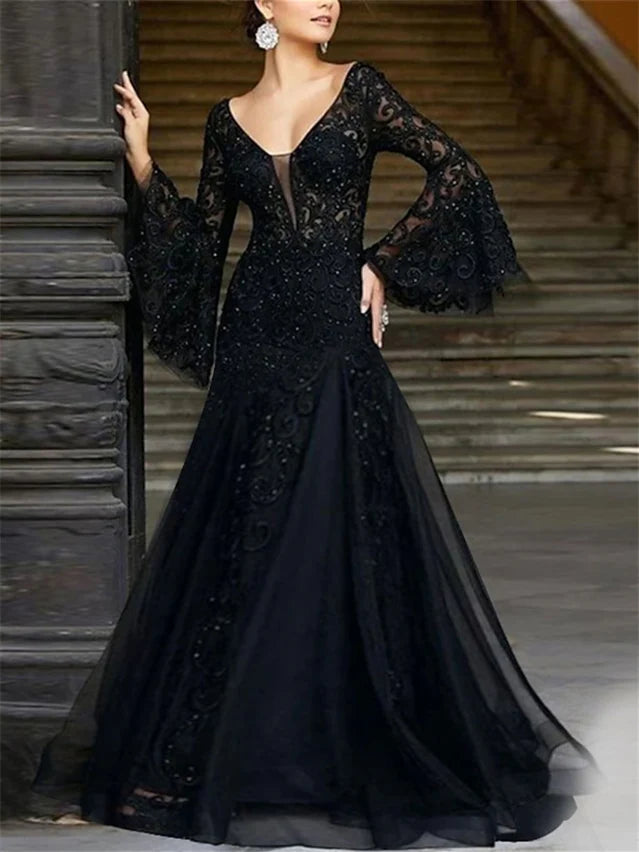Wholesa A-Line V-Neck Long Sleeves Floor-Length Evening Dresses