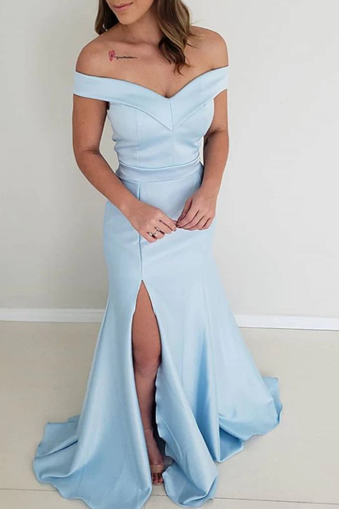 Wholesa Mermaid Off the Shoulder Satin Prom Dress Formal Evening Gown