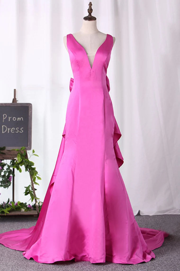 Wholesa Mermaid Prom Dresses New Arrival V Neck Satin With Bow Knot