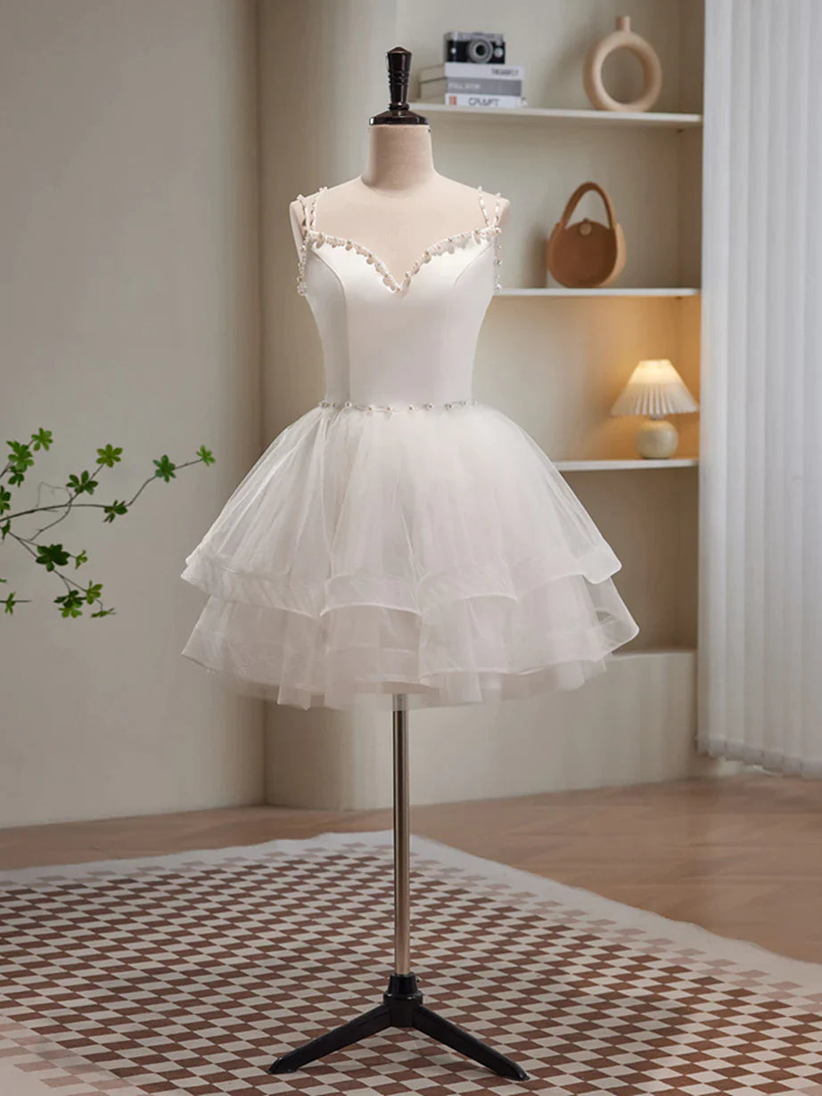 Wholesa Cute White Short Tulle Beaded Graduation Dress, White Short Prom Dress Formal Dress
