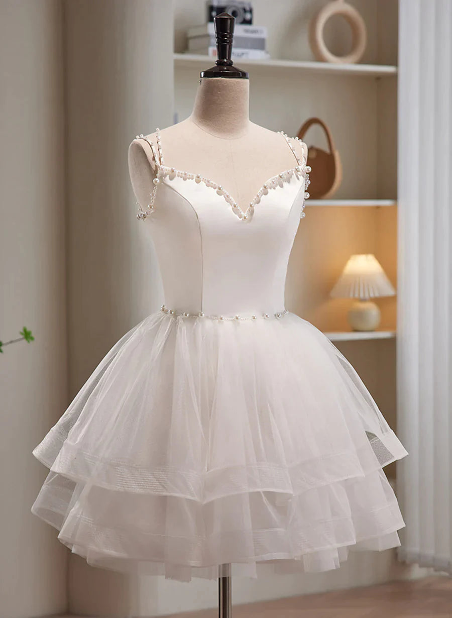 Wholesa Cute White Short Tulle Beaded Graduation Dress, White Short Prom Dress Formal Dress