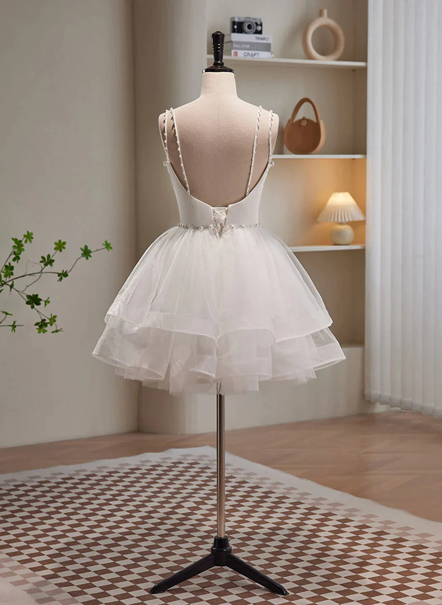 Wholesa Cute White Short Tulle Beaded Graduation Dress, White Short Prom Dress Formal Dress