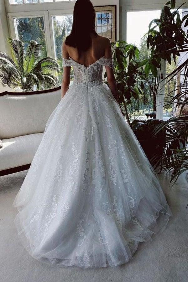 Wholesa A-line Off The Shoulder Tulle White Appliques Wedding Dresses With Beading