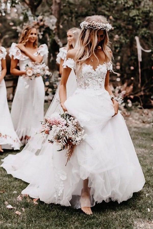 Wholesa A-line Off the Shoulder White Tulle Ball Gown Wedding Dresses with Applique