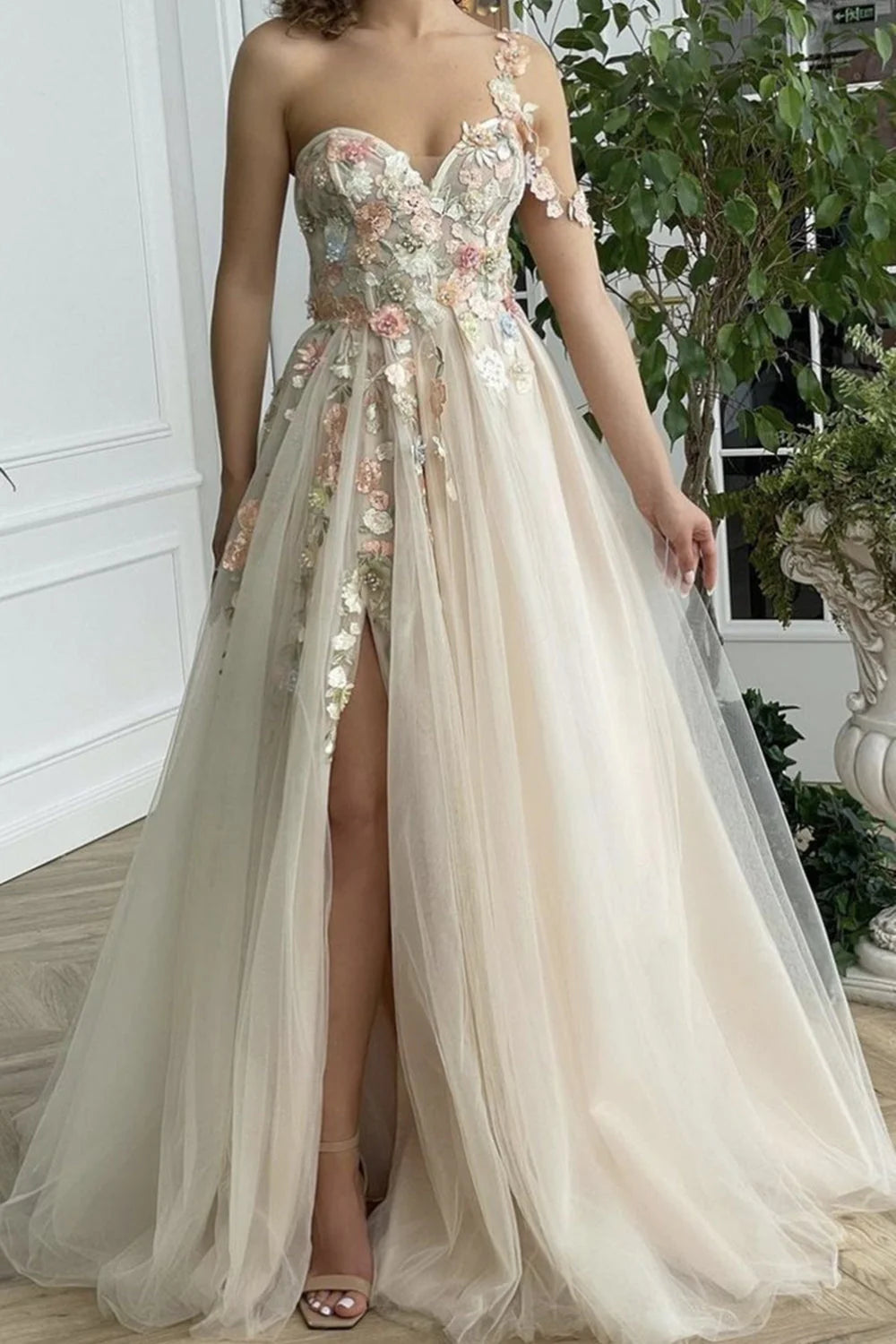 Wholesa One Shoulder Long Prom Dress with Flowers Slit