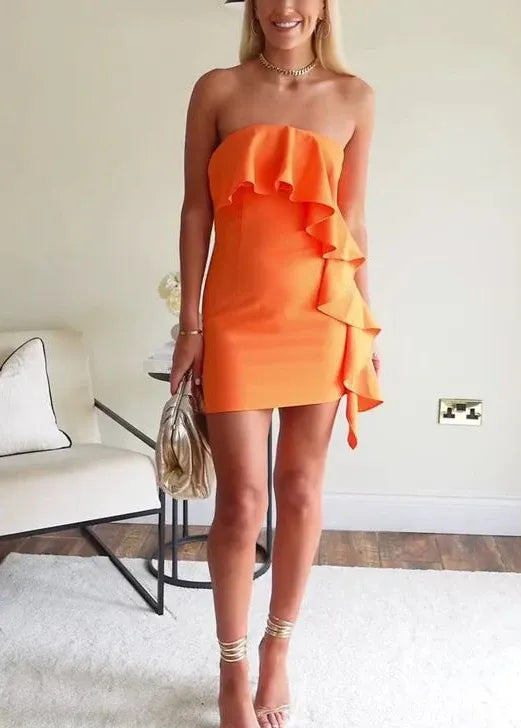 Orange Strapless Asymmetrical Ruffle Bodycon Mini Party Dress