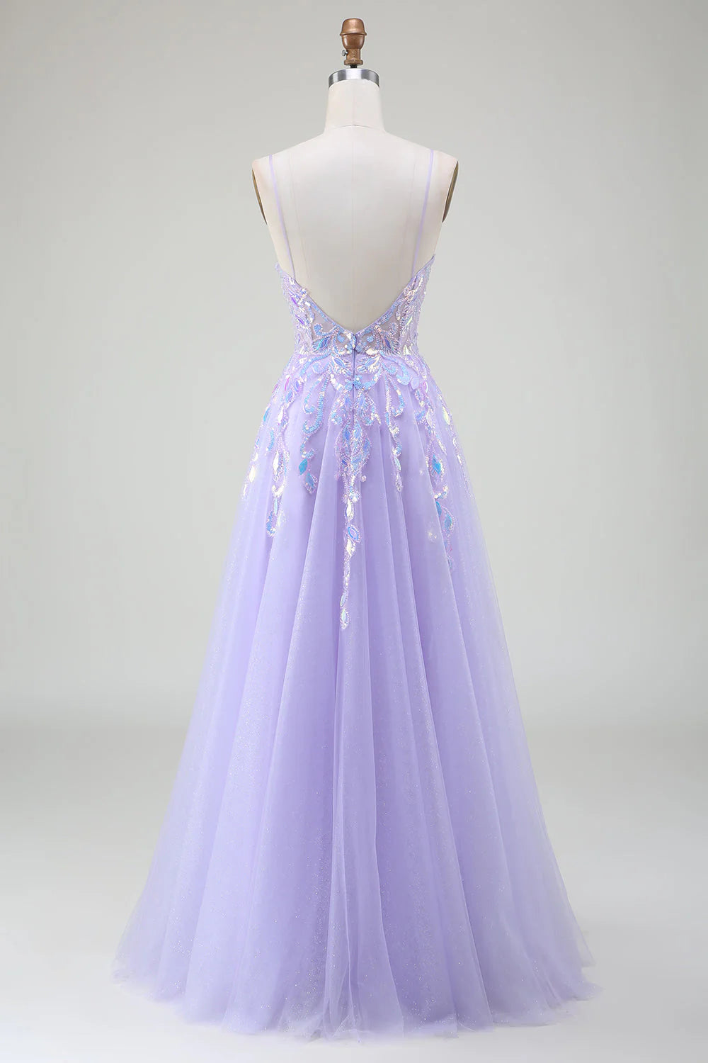 Wholesa A-line Sequined Spaghetti Strap Appliqued Tulle Prom Dresses Ball Gown