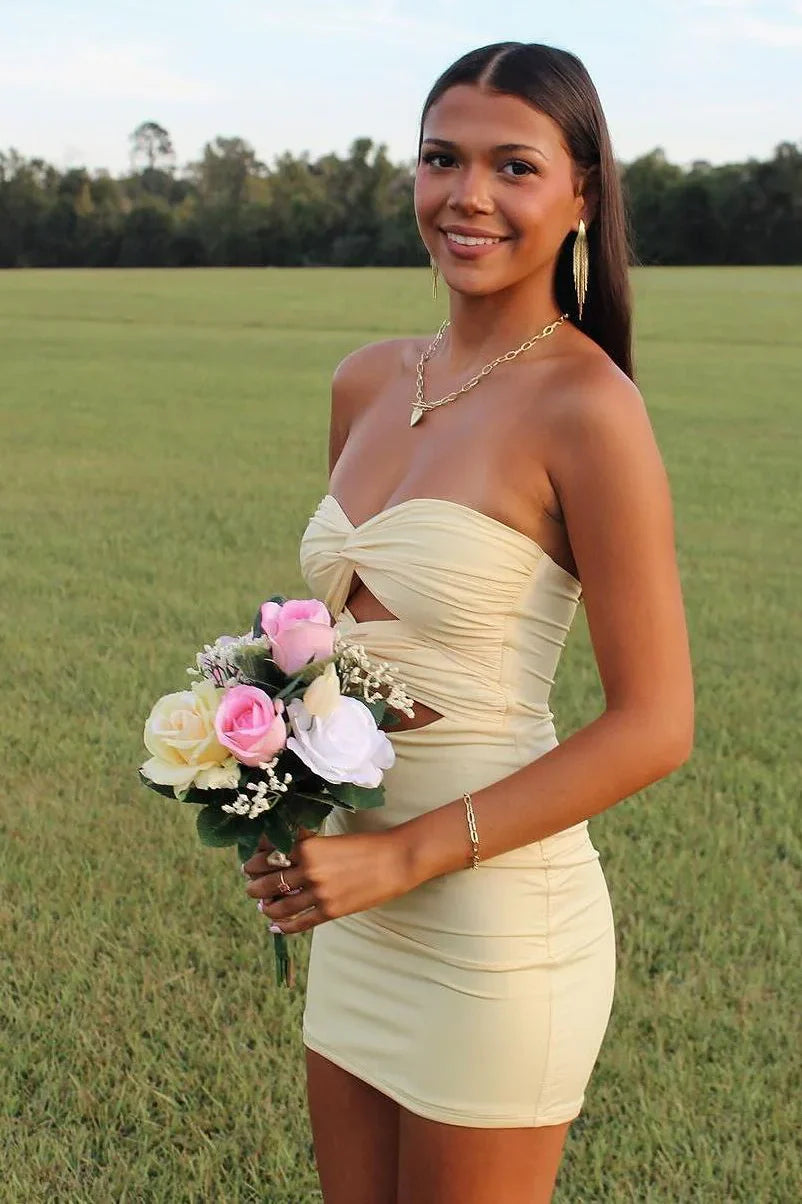 Pale Yellow Strapless Twist Cutout Bodycon Mini Homecoming Dress