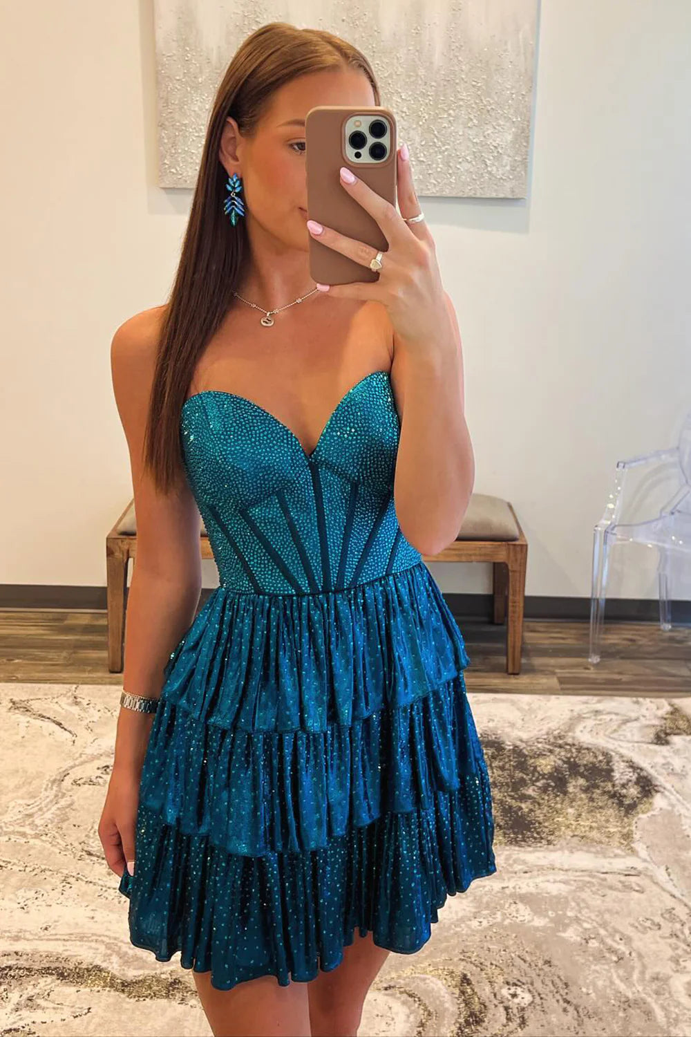 Wholesa A-Line Glitter Beaded Sweetheart Tiered Party Dress Homecoming Dresses