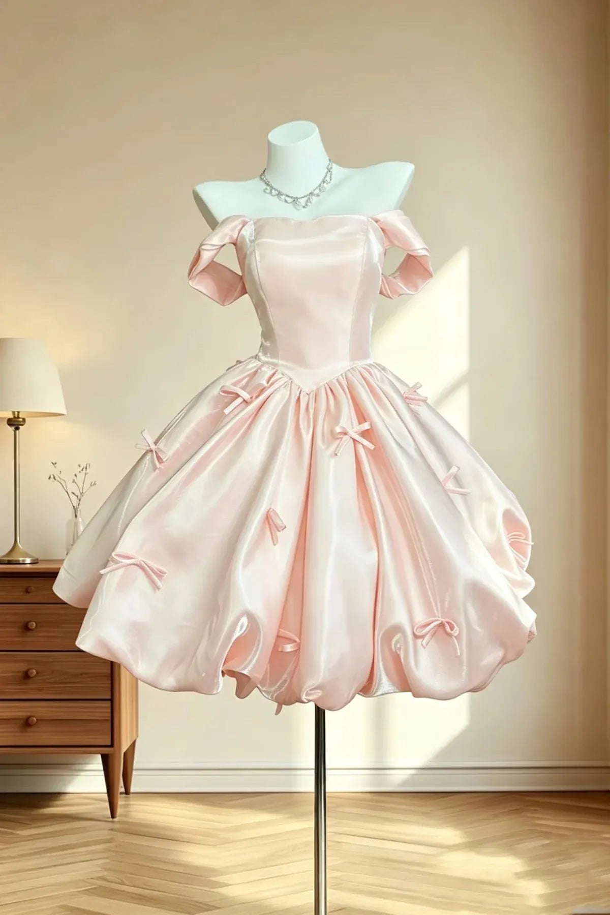 Pink Off Shoulder Bow Detail Bubble Hem A-Line Homecoming Dress