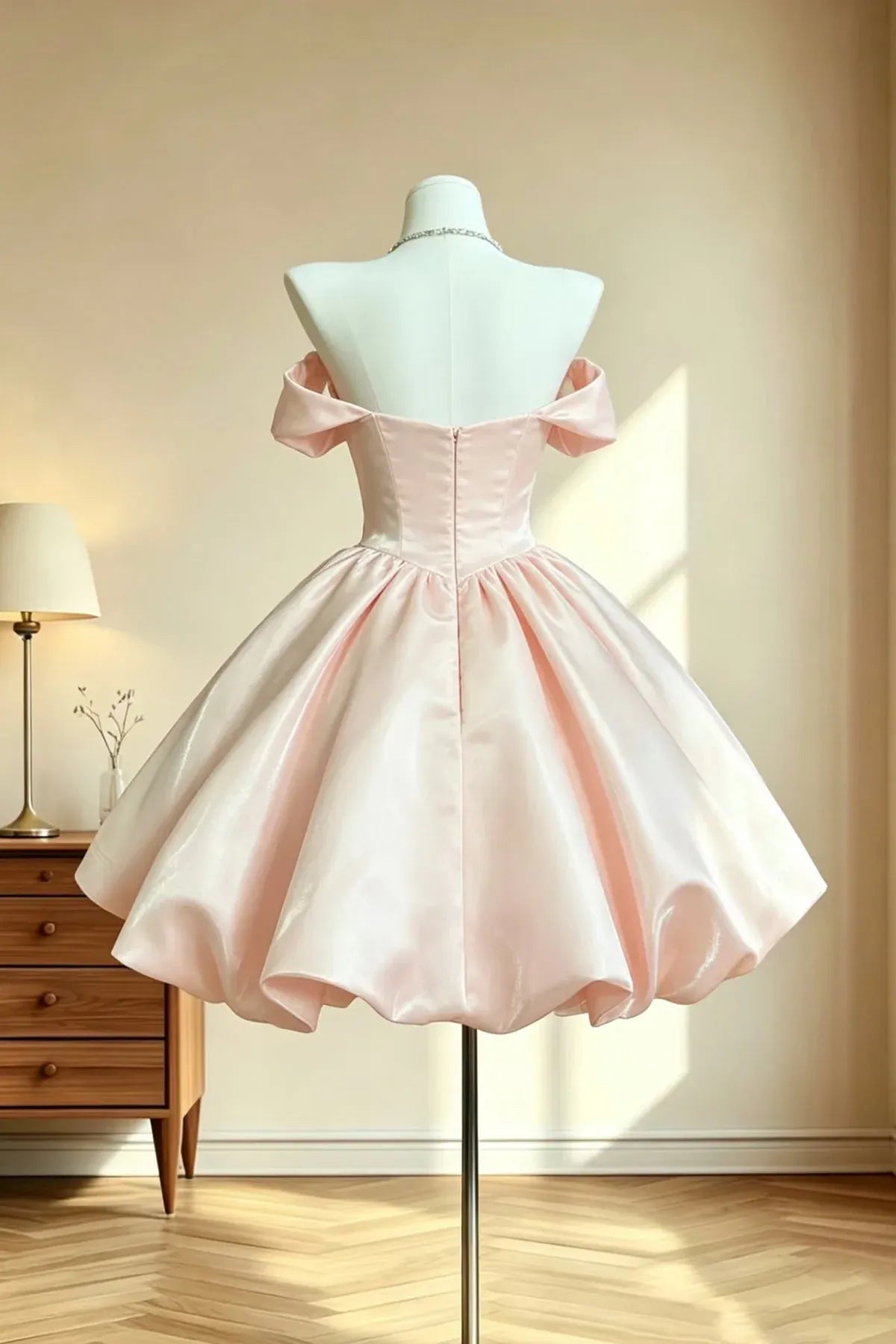Pink Off Shoulder Bow Detail Bubble Hem A-Line Homecoming Dress
