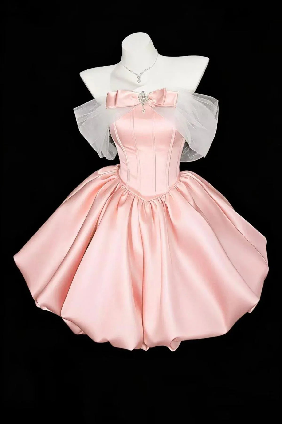 Pink Off Shoulder Tulle Bow Crystal Corset A-Line Mini Homecoming Dress