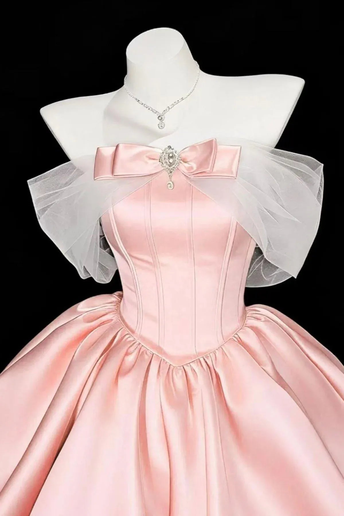 Pink Off Shoulder Tulle Bow Crystal Corset A-Line Mini Homecoming Dress